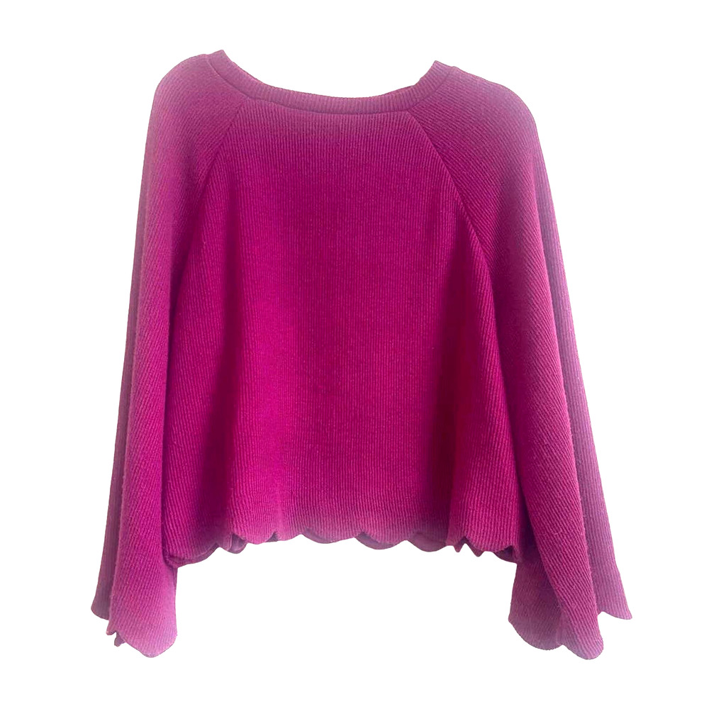 Evenlyn Ribbed Textured Scalloped Hem and Bell Sleeve Fuchsia Sweater Blouse